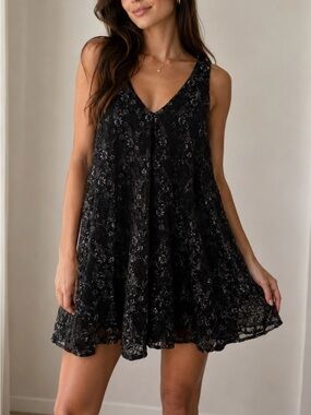 Lush Black Floral Lace V-Neck Mini Dress